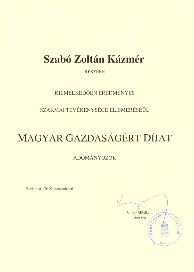 Magyar Gazdaságért Díj - Szabó Zoltán Kázmér
