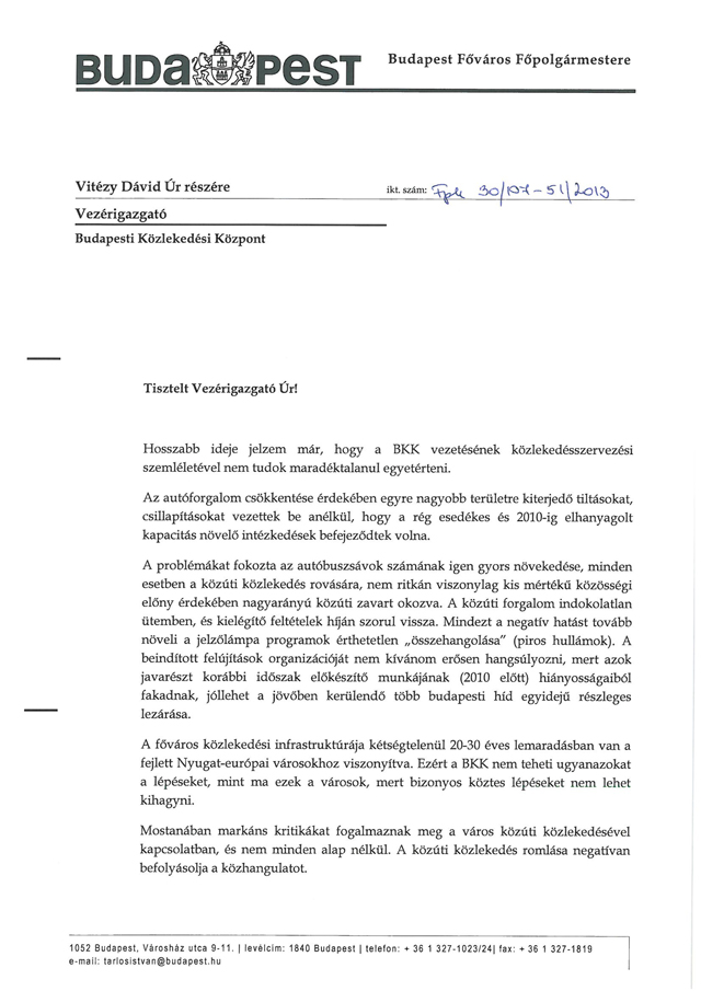 A Budapesti Közlekedési Központ (BKK) vezérigazgatójának írt nyílt levelet a Főpolgármester