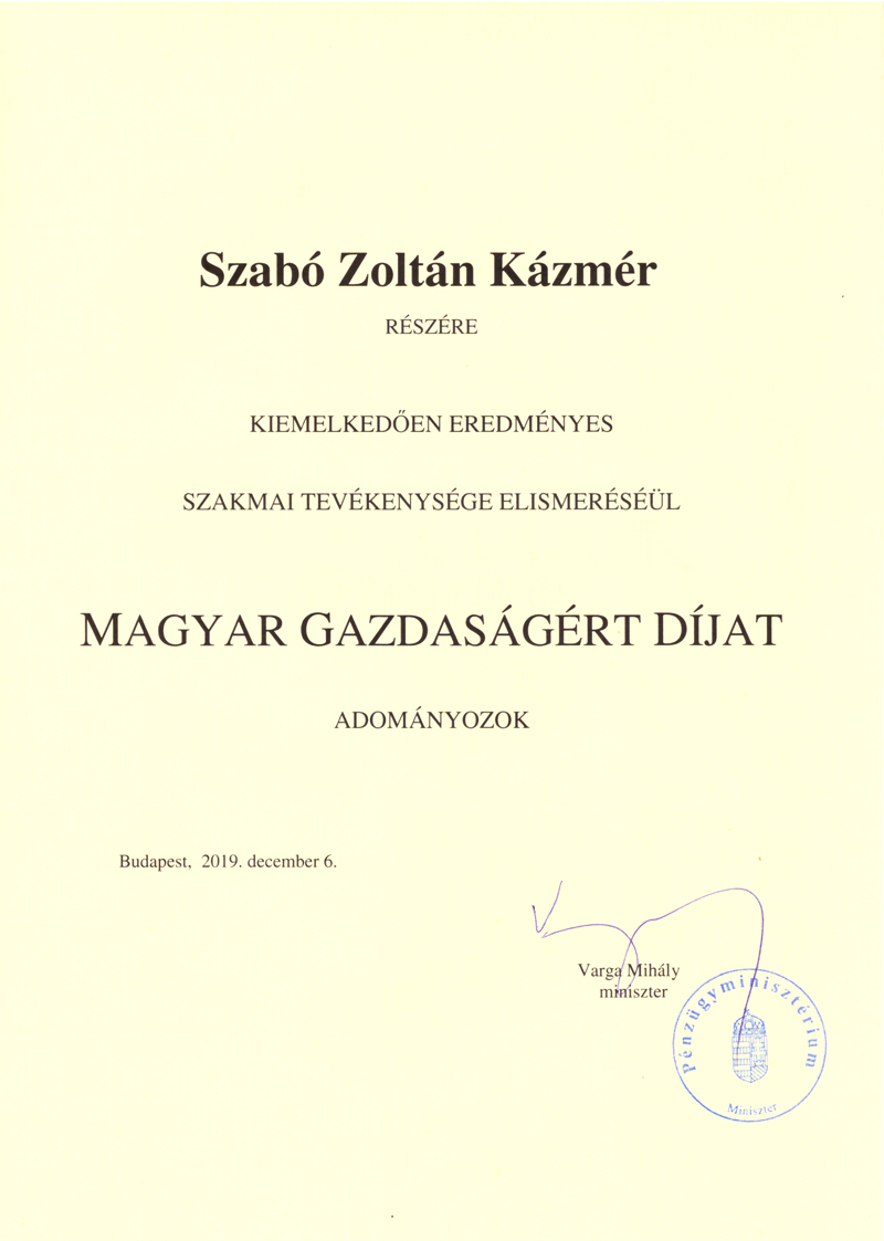 Magyar Gazdaságért Díj - Szabó Zoltán Kázmér